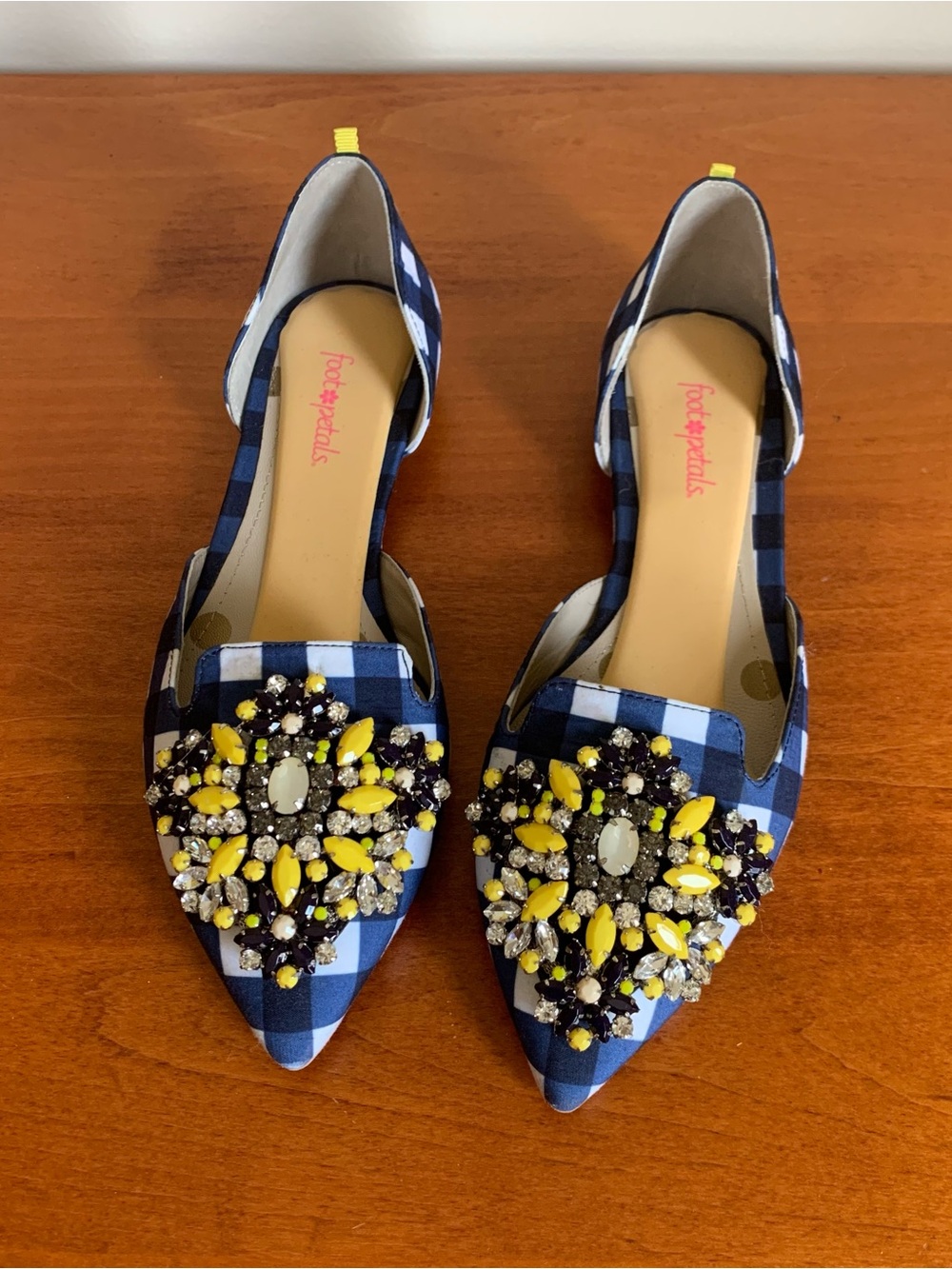 Boden Leah Embellished D'Orsay Flats in Gingham Check Print